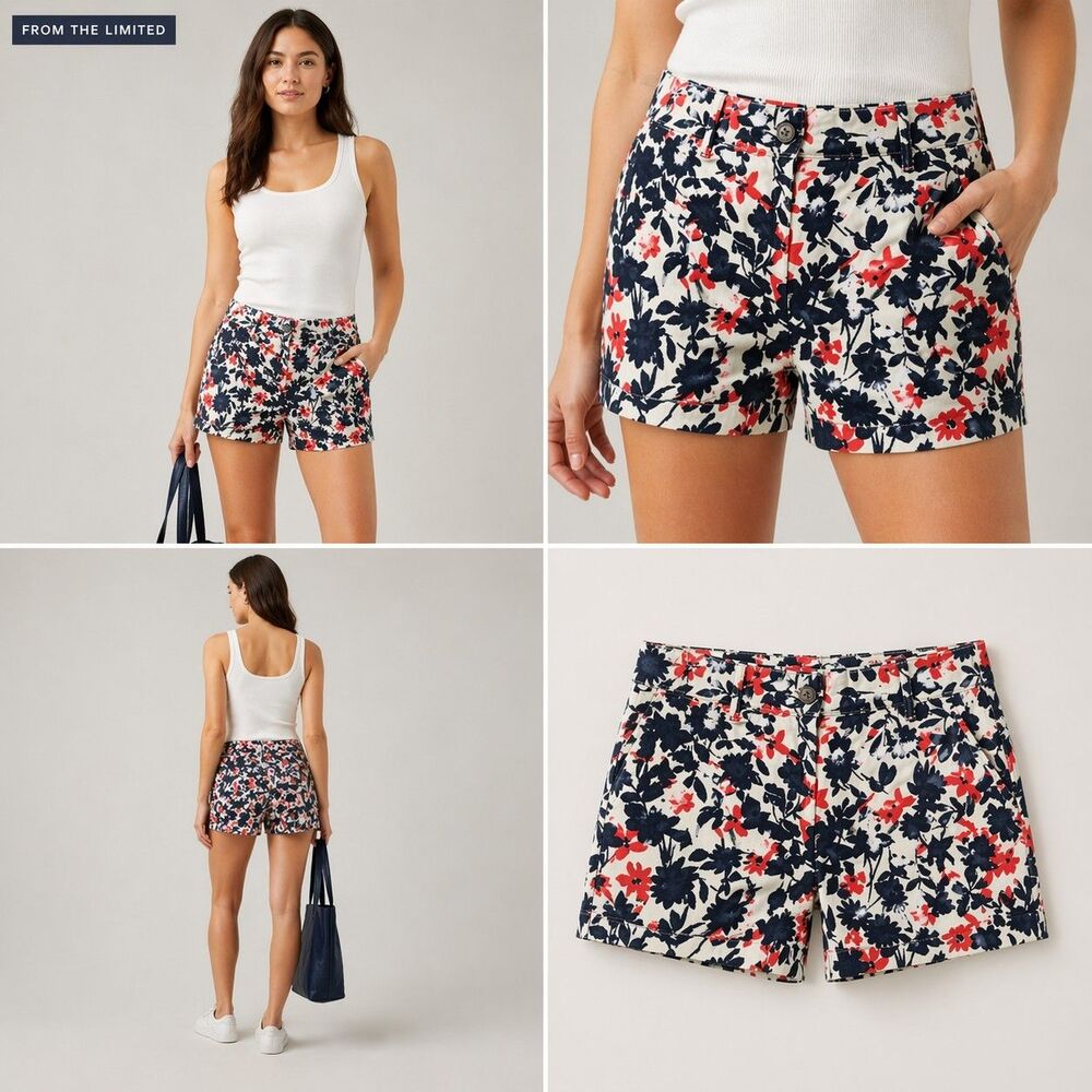 The Limited Women's Shorts Size 8 Blue Red Floral White Chino Stretch